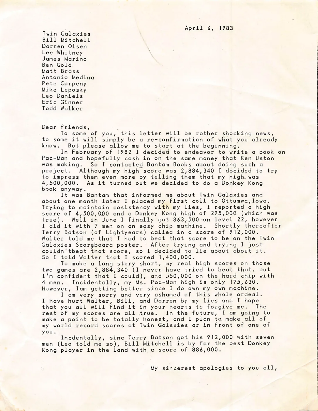 Page 1 of Steve Sanders's typed letter dated April 6, 1983, addressed to Twin Galaxies and twelve players, beginning 'Dear friends,' in which he admits his false scores and apologizes