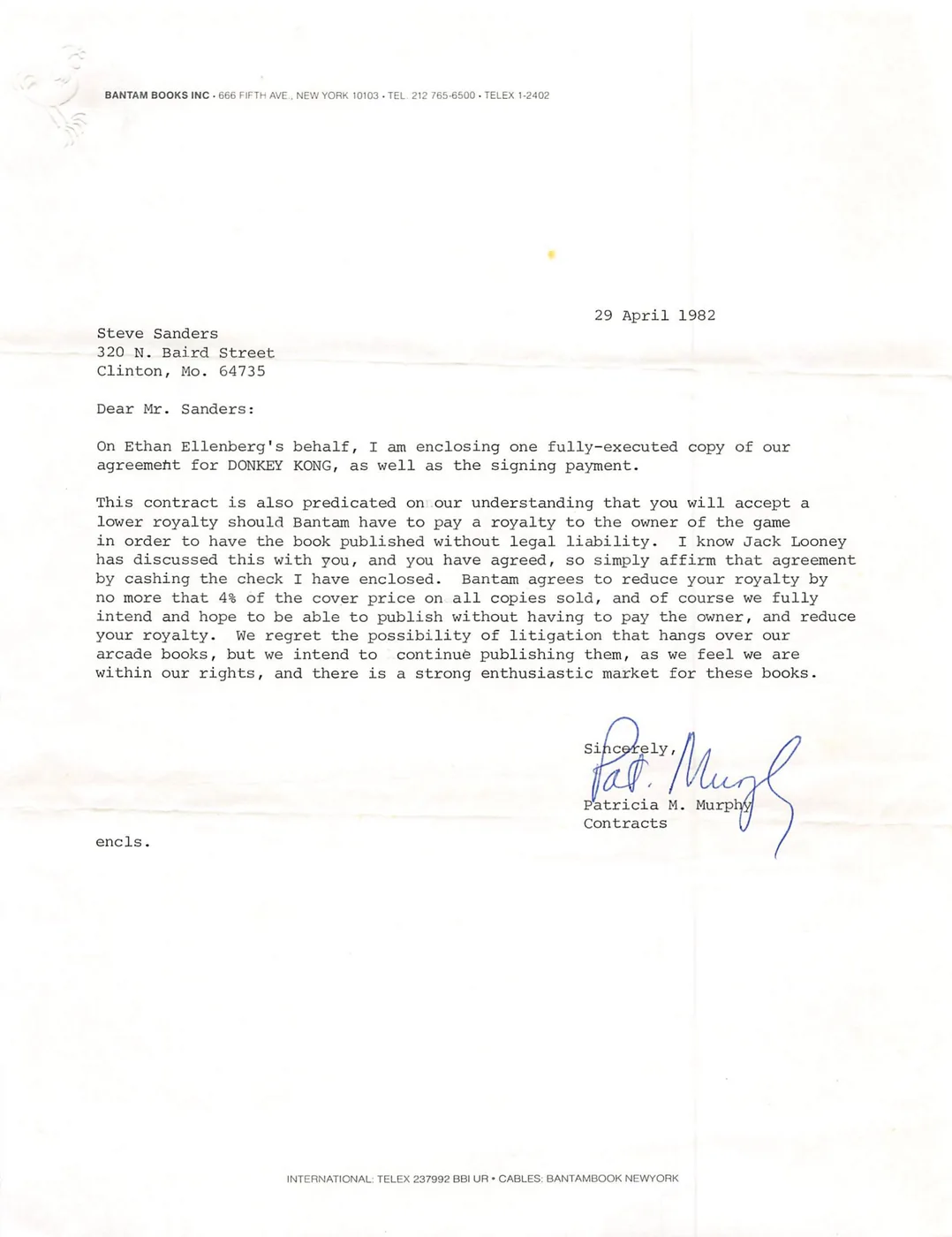 Typed letter on Bantam Books letterhead dated 29 April 1982, addressed to Steve Sanders in Clinton, Missouri, enclosing his signed Donkey Kong book agreement and signing payment, signed by Patricia M. Murphy, Contracts