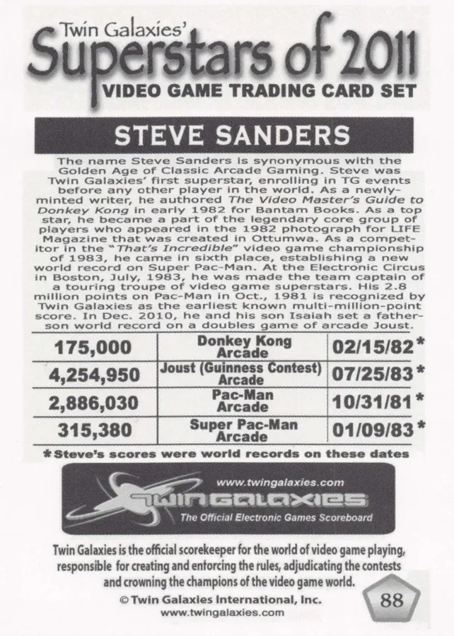 Back of Twin Galaxies trading card no. 88, Superstars of 2011 set: a short biography of Steve Sanders above a table of his Donkey Kong, Joust, Pac-Man and Super Pac-Man scores with dates