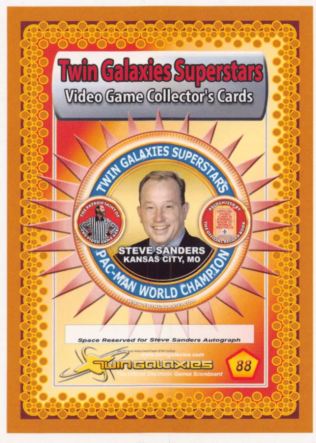 Front of Twin Galaxies trading card no. 88: a smiling adult Steve Sanders in a suit and tie inside a round Twin Galaxies Superstars badge, labeled Steve Sanders, Kansas City, MO, Pac-Man World Champion, on an orange starburst background