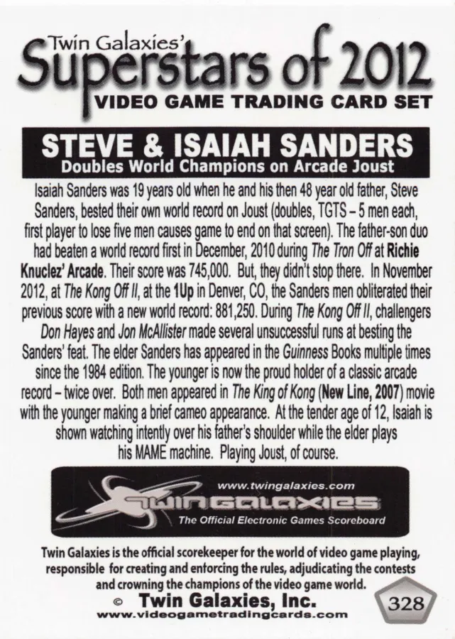 Back of Twin Galaxies trading card no. 328, Superstars of 2012 set, headed Steve & Isaiah Sanders, Doubles World Champions on Arcade Joust, describing their father-and-son Joust doubles scores of 2010 and 2012