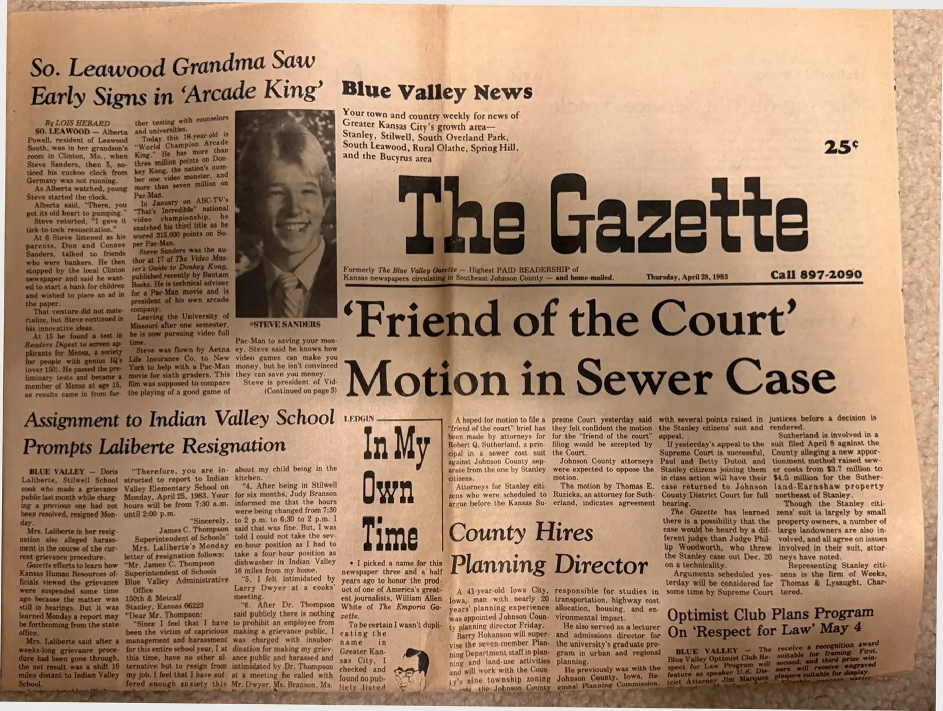 Page 1 of The Gazette (Blue Valley News), April 28, 1983, with the story 