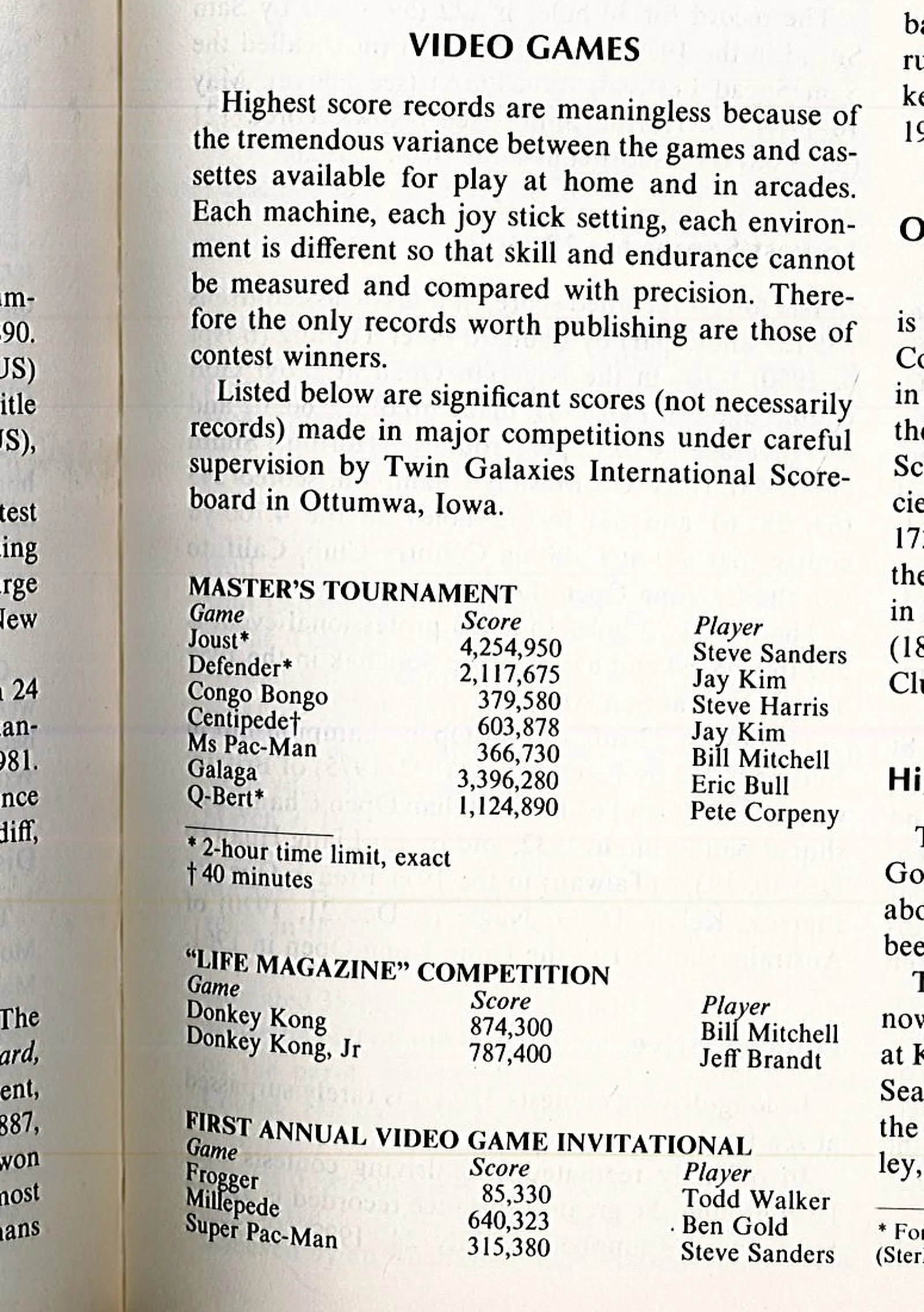 Guinness Book of World Records 1984, page 415, Video Games entry, listing Steve Sanders with Joust 4,254,950 in the Master's Tournament and Super Pac-Man 315,380 in the First Annual Video Game Invitational