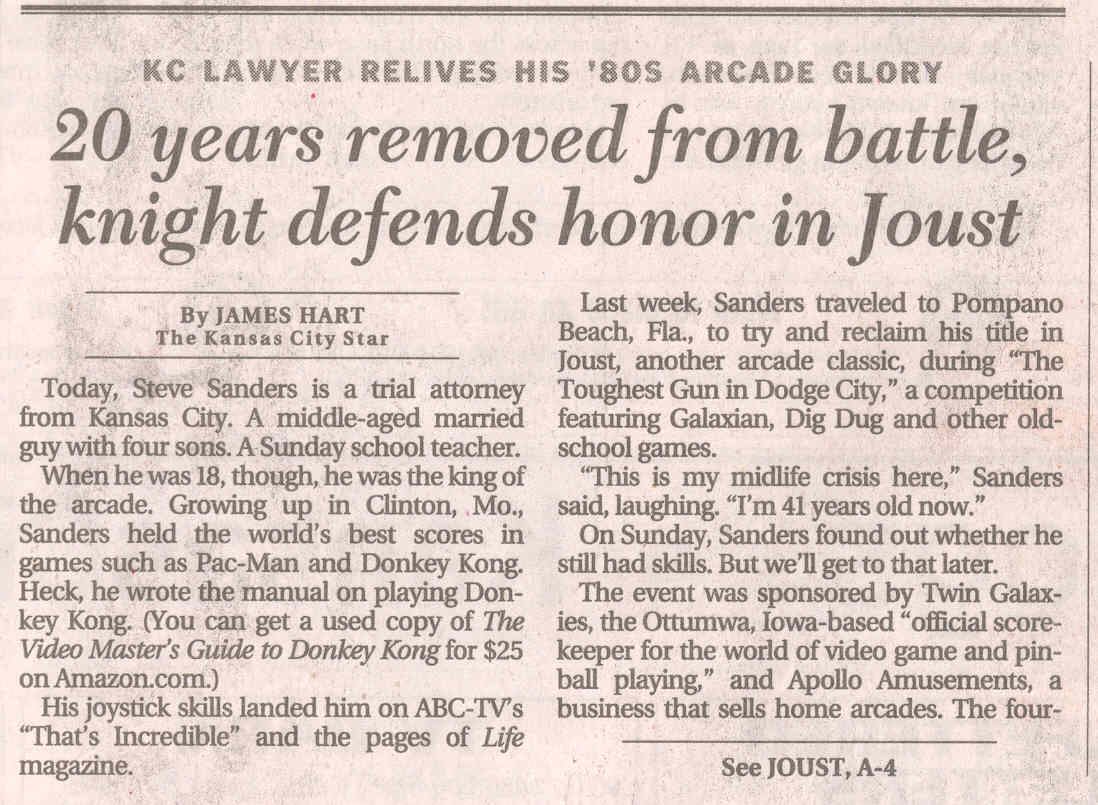 Kansas City Star clipping from April 10, 2006, headlined 'KC lawyer relives his '80s arcade glory: 20 years removed from battle, knight defends honor in Joust'