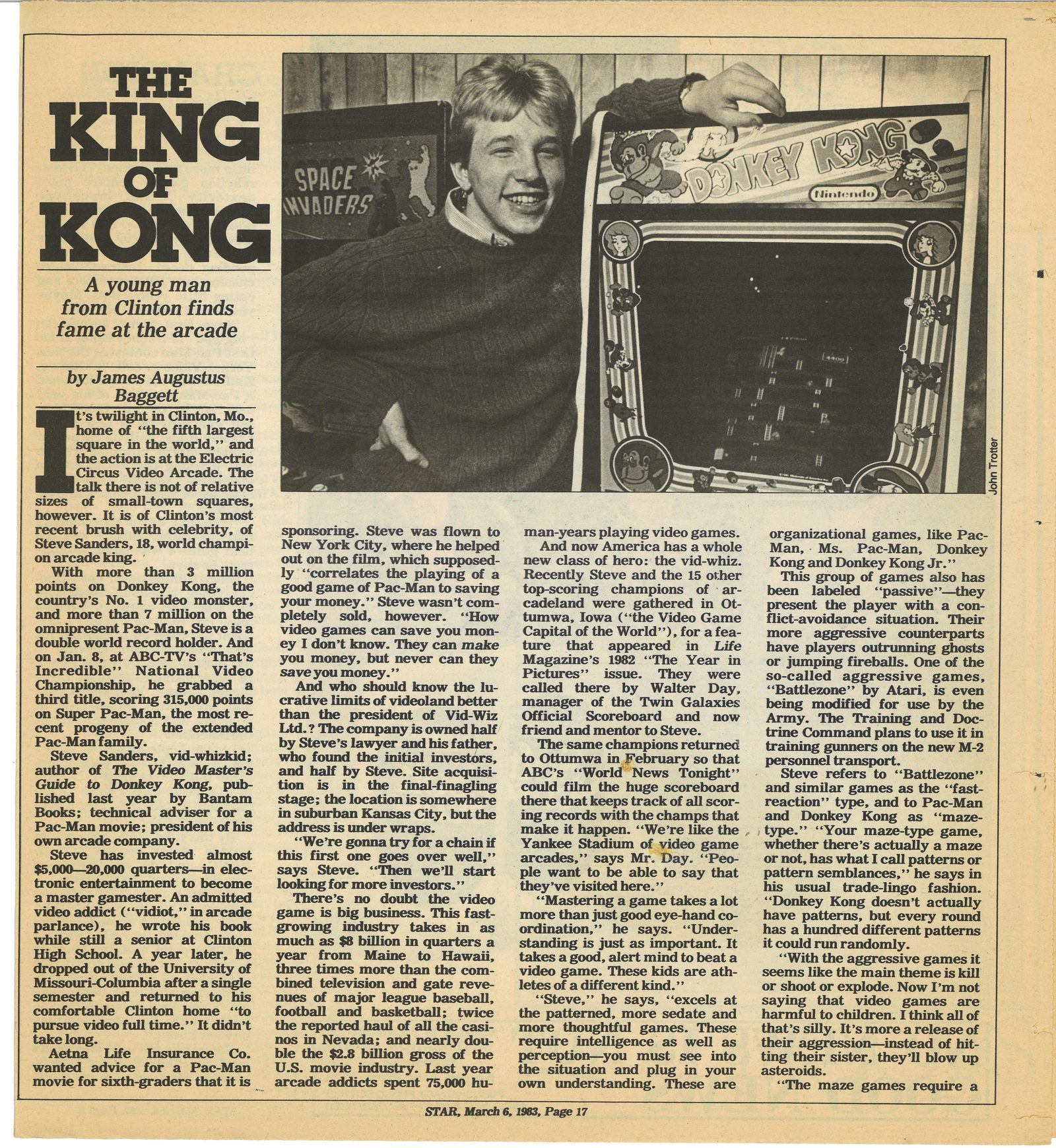 The Kansas City Star's Star Magazine page from March 6, 1983, headlined 'The King of Kong: A young man from Clinton finds fame at the arcade,' with a photo of teenage Steve Sanders next to a Donkey Kong machine