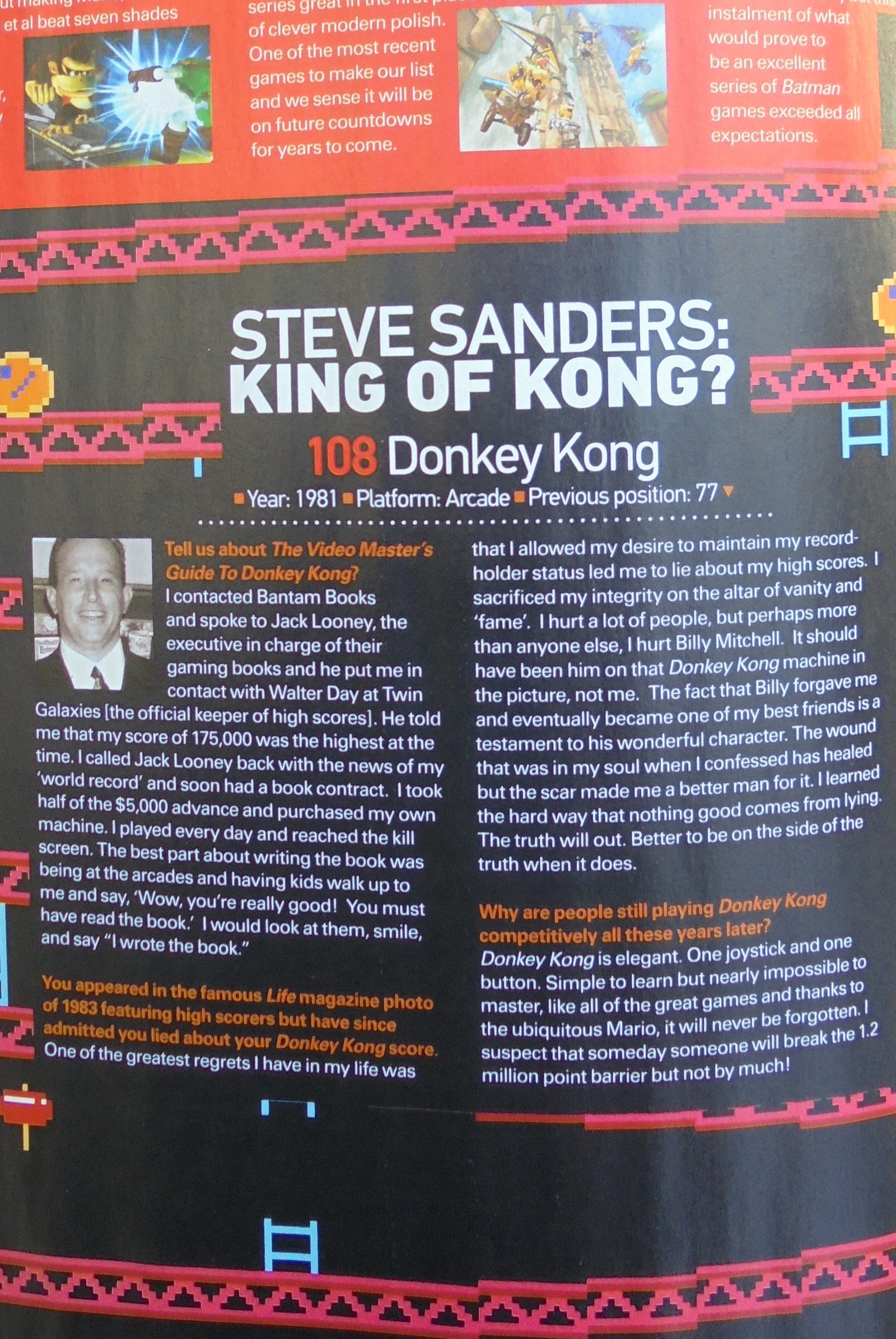 Retro Gamer magazine page titled 'Steve Sanders: King of Kong?' with a photo of Steve Sanders and his answers about the book and his false scores